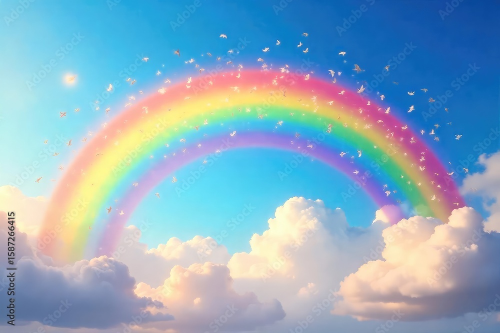 Majestic Rainbow Arching Across a Blue Sky, Supporting Birds in Flight ? A Whimsical, Wonder-Filled Scene Majestic Rainbow Arching Across a Blue Sky, Supporting Birds in Flight ? A Whimsical, Wonder-Filled Scene