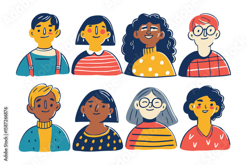 Diverse Faces: A vibrant collection of hand-drawn illustrations showcasing a variety of faces, celebrating uniqueness and human connection. 