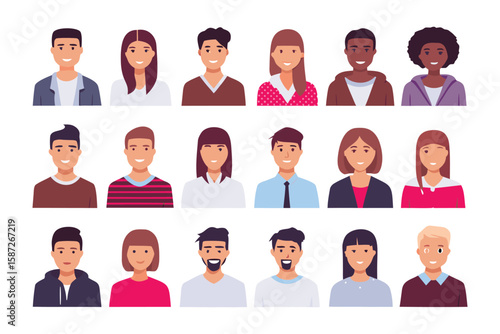 Diverse Avatar Collection: A vibrant collection of avatars showcases various faces, hair styles, and facial expressions, representing a broad spectrum of individuals in a clean, graphic style.