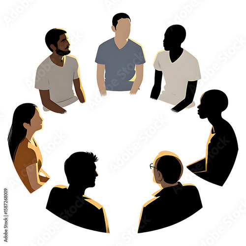 Diverse Group of Eight People in a Circle for Meeting, Discussion, and Collaboration. Flat Minimalist Style.
