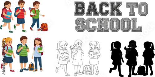 Cheerful cartoon students are going back to school with backpacks