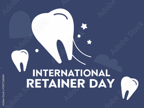isometric molar tooth illustration on blue background with text for retainer day, minimalist and clean visual concept in modern dental design.
