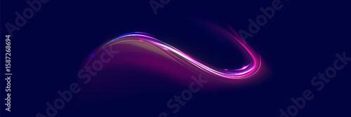 Neon line as speed or arc, turn, twist, bend in light effect. Light arc in neon colors, in the form of a turn and a zigzag. Abstract background in blue