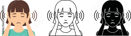 Upset girl covering her ears from noise depicted in three illustration styles
