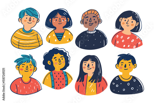 Diverse Portraits: A captivating illustration showcases a vibrant collection of diverse portraits, celebrating individuality and promoting unity in a colorful and inclusive graphic.