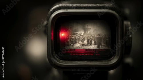 A closeup of an oldfashioned viewfinder displaying a nostalgic scene through its eyepiece populated by sepiatoned images of historical events. The recording indicator is illuminated