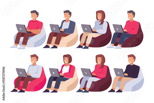 Modern Remote Workers: A set of diverse individuals engaged in remote work, sitting on comfortable beanbag chairs while using laptops, showcasing the flexibility and modern approach to work.