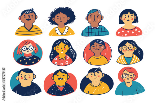 Diverse Cartoon Portrait Collection: A delightful assortment of vibrant cartoon portraits, each showcasing unique personalities and styles. The images, in a flat design.