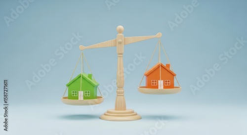 Photo of a wooden scale balances a green house against an orange house