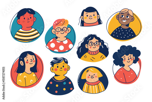 Diverse Portraits: A collection of vibrant, hand-drawn cartoon portraits. Each image embodies distinct characteristics. A celebration of individuality