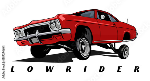 Red Lowrider Car with Hydraulic Suspension Illustration Vector Art