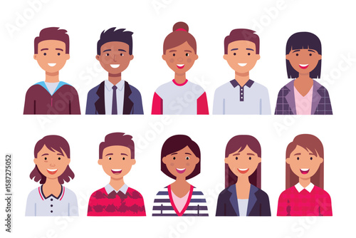 Diverse Portrait Collection: An assortment of smiling, diverse faces, each radiating individuality and charm, perfect for illustrating inclusivity and the beauty of human variety.