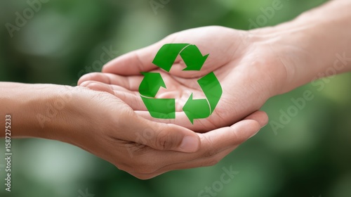 Wallpaper Mural Two human hands gently holding a bright green recycle icon, symbolizing environmental protection in soft daylight, ideal for eco branding, product marketing, and sustainability messaging Torontodigital.ca