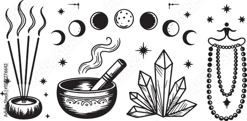 Celestial symbols and mystical objects incense smoke