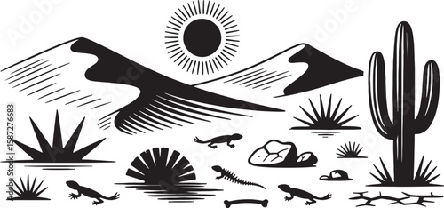 Desert Landscape with Cactus and Dinosaur Bones Illustration
