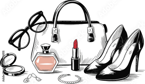 Fashionable accessories including handbag high heels lipstick perfume glasses and jewelry vector
