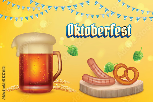 Vector Illustration of Beer Mug with Bretzel, Sausage and Hops on Podium. Oktoberfest Beer Festival Vector Illustration Yellow Color Background.