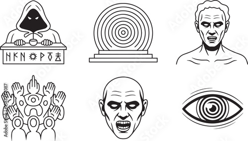 Halloween Line Art Icon Collection with Hooded Figure Spiral Pedestal Zombie Cult Vampire and Eye