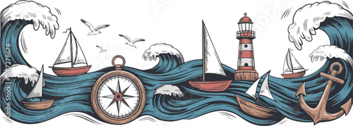 Nautical scene with sailboats lighthouse compass anchor and seagulls vector