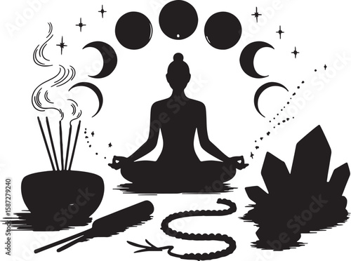 Silhouette of person meditating surrounded by celestial bodies and spiritual objects yoga lotus position