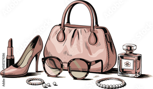 Pink handbag high heel lipstick sunglasses perfume and pearl bracelets vector