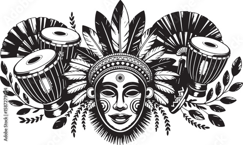 Black And White Tribal Face With Drums And Feathers Illustration