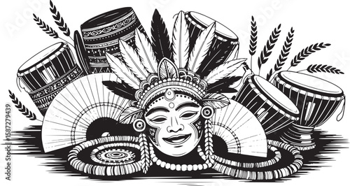 Tribal Dance Drums and Headdress Illustration