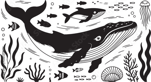 Whales fish jellyfish seaweed and shells underwater scene humpback whale