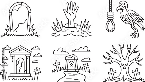 Graveyard Halloween Line Art Icon Set with Tombstone Hand Noose Vulture Mausoleum Tree