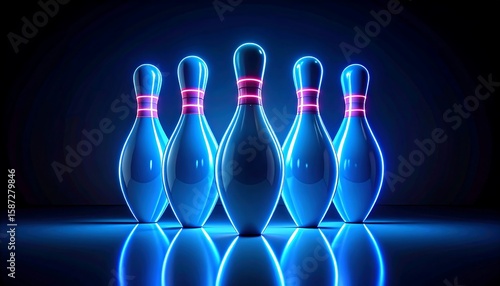 Neon bowling pins in a dark setting