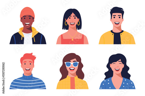 Smiling Diverse Faces: Captivating collection of diverse faces, showcasing individuals of various ethnicities and styles, each portrait exuding genuine expressions of happiness and confidence.