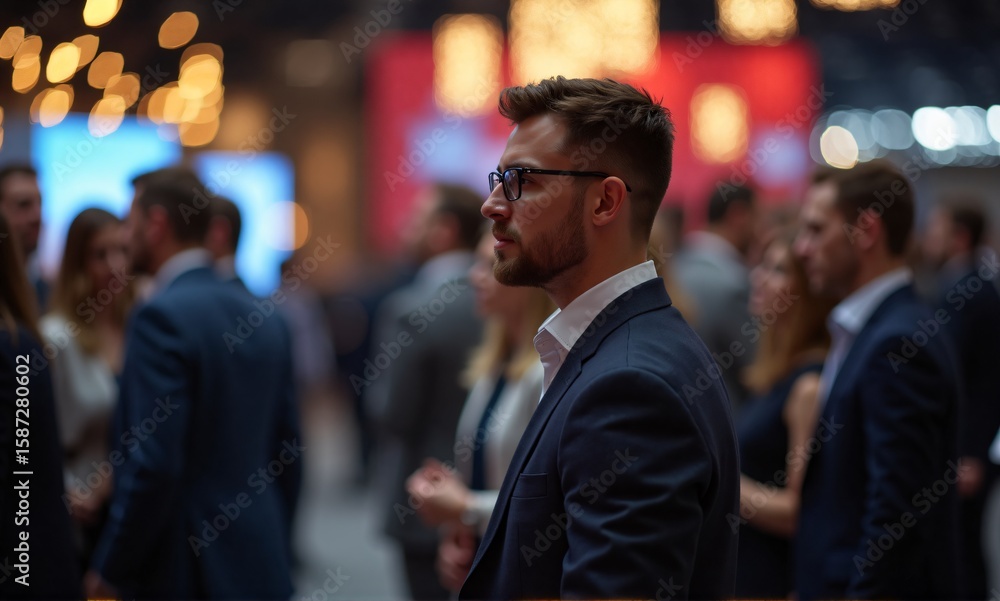 Fototapeta premium A man in a suit and glasses attentively observes an event amidst a bustling crowd of professionals indoors.