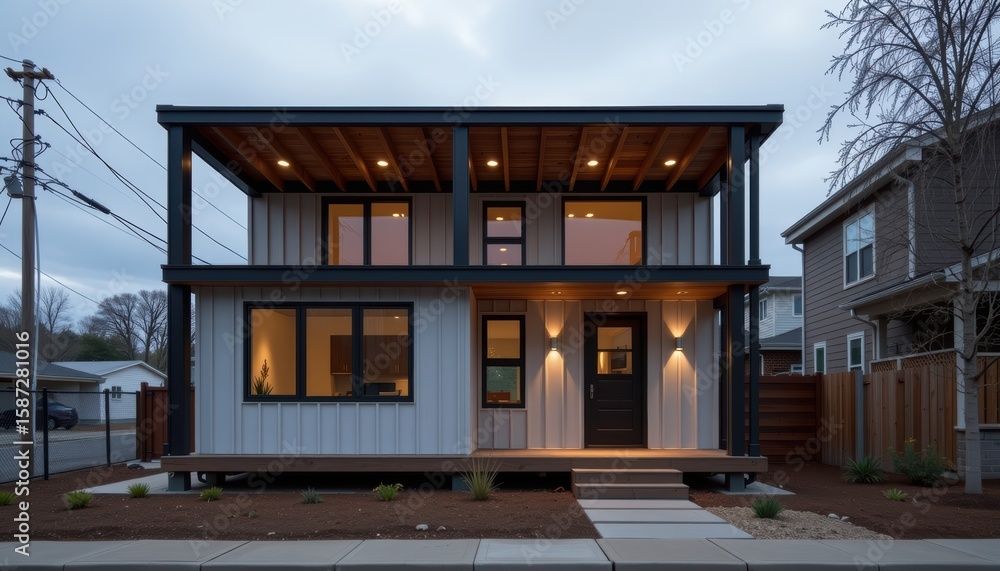 Fototapeta premium Modular ADU concept. Modern two-story house with a stylish exterior and large windows.