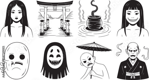 Japanese Ghost Halloween Line Art Icon Set with Torii Mask Umbrella and Yokai Characters