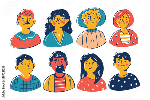 Diverse Cartoon Portraits: A delightful collection of cartoon illustrations showcases a variety of friendly faces, each radiating individuality and charm.