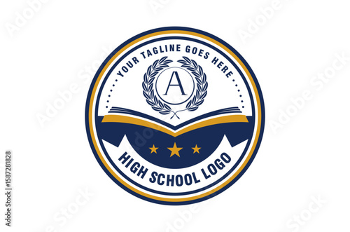 High school logo featuring a book, laurel wreath, and stars.  Perfect for educational institutions. Vector illustration badge emblem.
