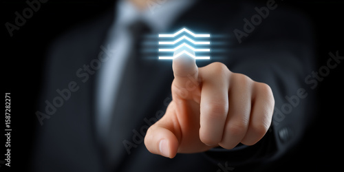 Businessman Touching Hologram in Virtual Space with Financial Data