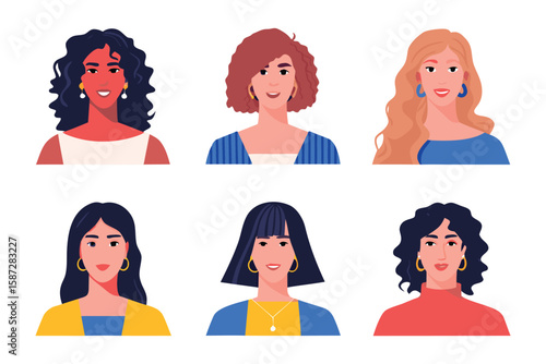 Portraits of Women: A diverse collection of six female portraits, each with a unique hairstyle and elegant earrings, beautifully rendered in a colorful illustration.