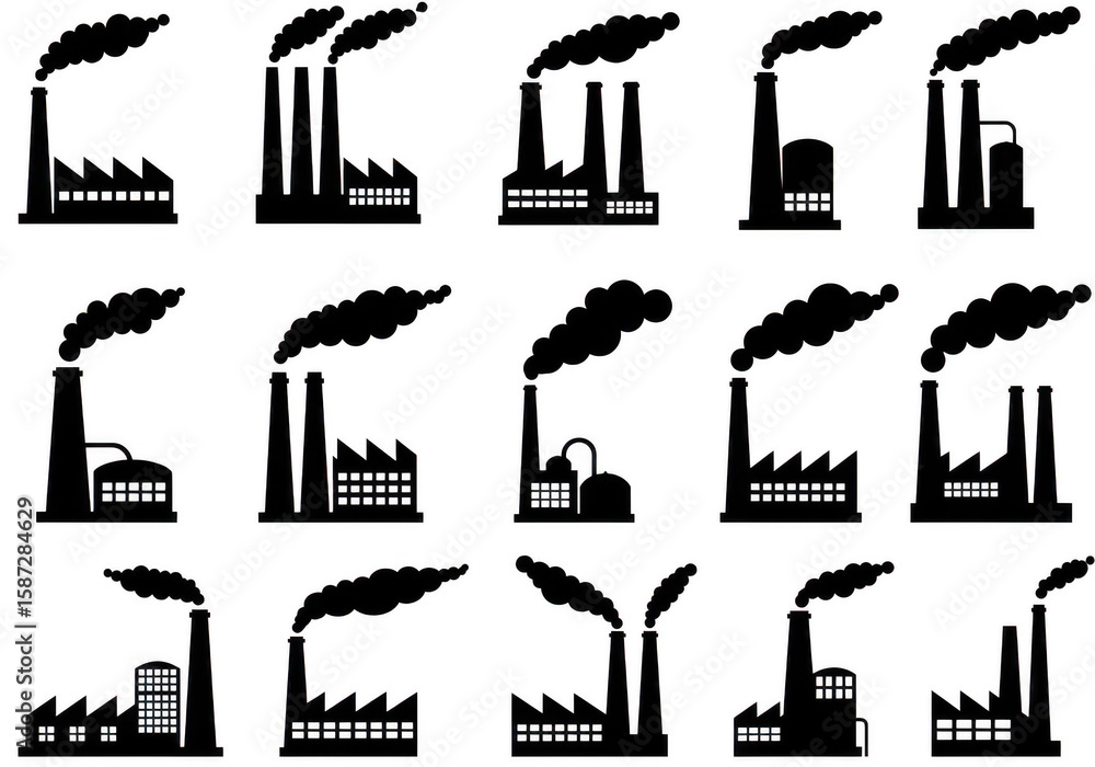 Naklejka premium Collection of industrial factory silhouettes with smoke emitting from chimneys isolated on white background