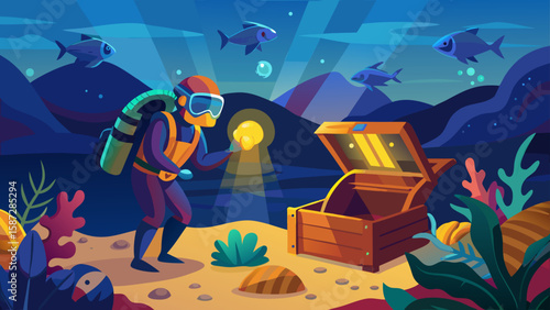 An underwater adventure features a diver discovering a treasure chest among marine life and corals on the seabed illuminated by light.