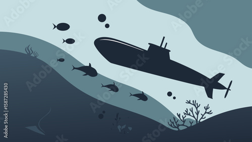 A stylized undersea graphic depicts a submarine navigating among fish and coral, perfect for nautical themes and educational materials.