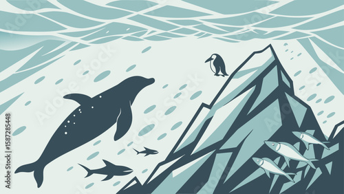 A stylized scene of marine life featuring a dolphin, penguin, shark, and fish near an iceberg, offering a cool and serene atmosphere.