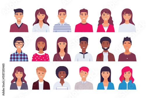 Diverse Portrait Collection: A vibrant collection of diverse individuals, each with unique expressions, representing a spectrum of ages, ethnicities, and styles.