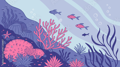 Discover an underwater seascape graphic with coral reefs and small fish for marine life themed designs and aquatic environments.
