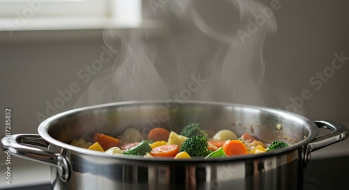 Steaming Vegetable Medley: Freshly Cooked Healthy Meal in Stainless Steel Pot