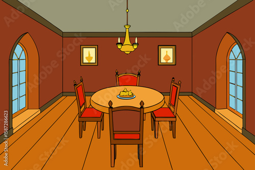 historical mansion dining space with warm wood