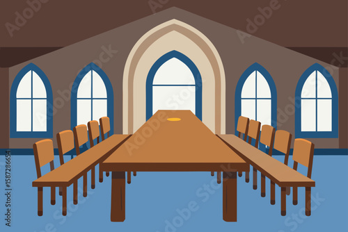 historical dining hall with long oak table