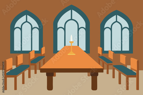 historical dining hall with long oak table