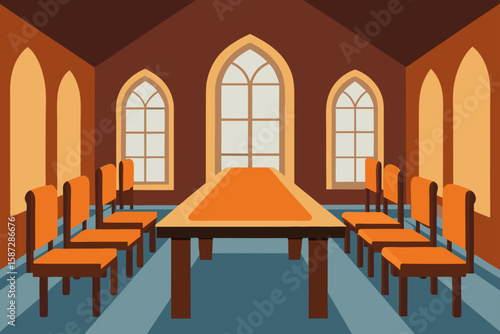 historical dining hall with long oak table