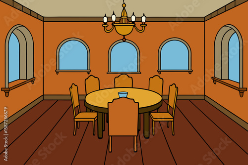 historical mansion dining space with warm wood